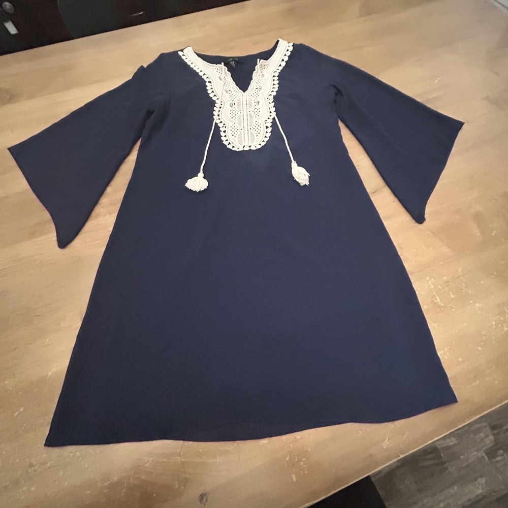 BCX‎ Dress Woman's Small Navy Crochet Tassel Boho Shift Bell Sleeve Lined Tunic
